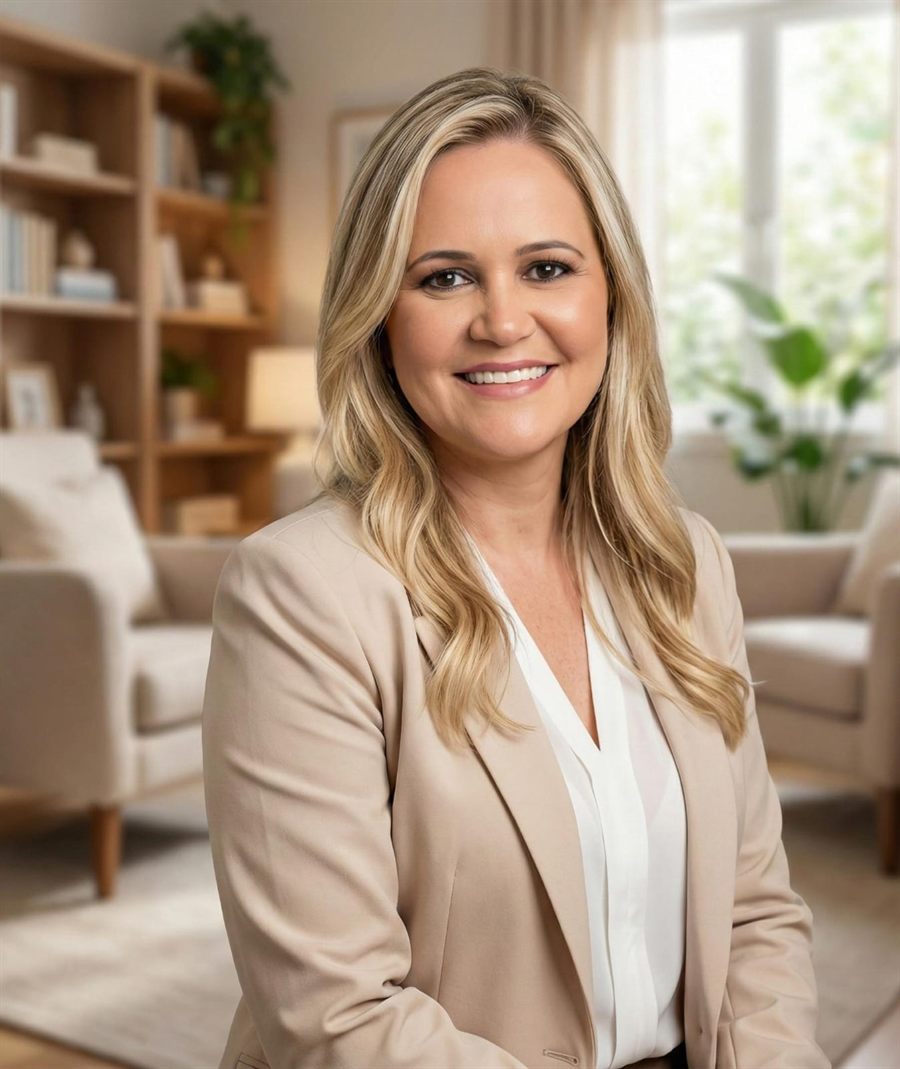 Heloisa Dantas, psicóloga clínica, sorrindo em um consultório claro com poltronas e estante de livros.
